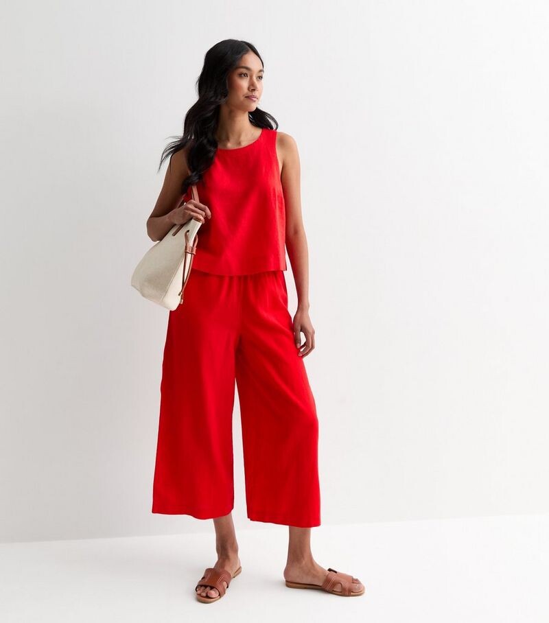 

Красные укороченные широкие брюки из льняной смеси New Look, красный