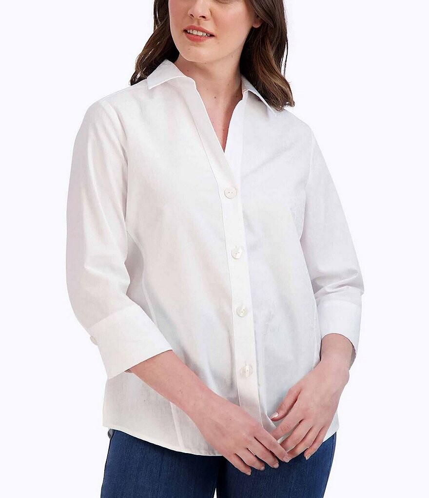 

Рубашка Foxcroft Paityn с жаккардовым заостренным воротником и рукавами 3/4, подол и пуговицы спереди, белый