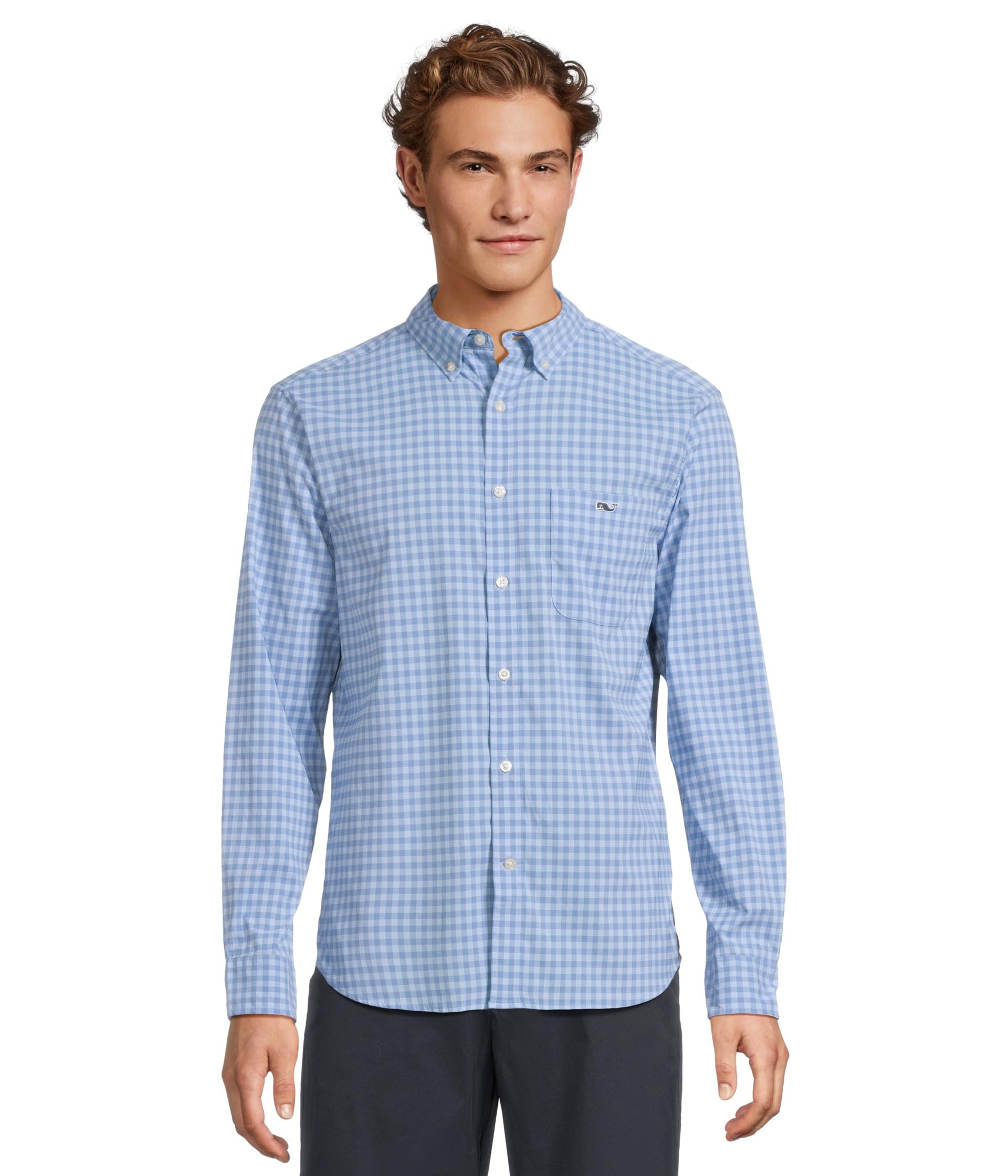 

Топ Vineyard Vines Topsail Gingham Featherweight Performance Shirt, цвет Jake Blue