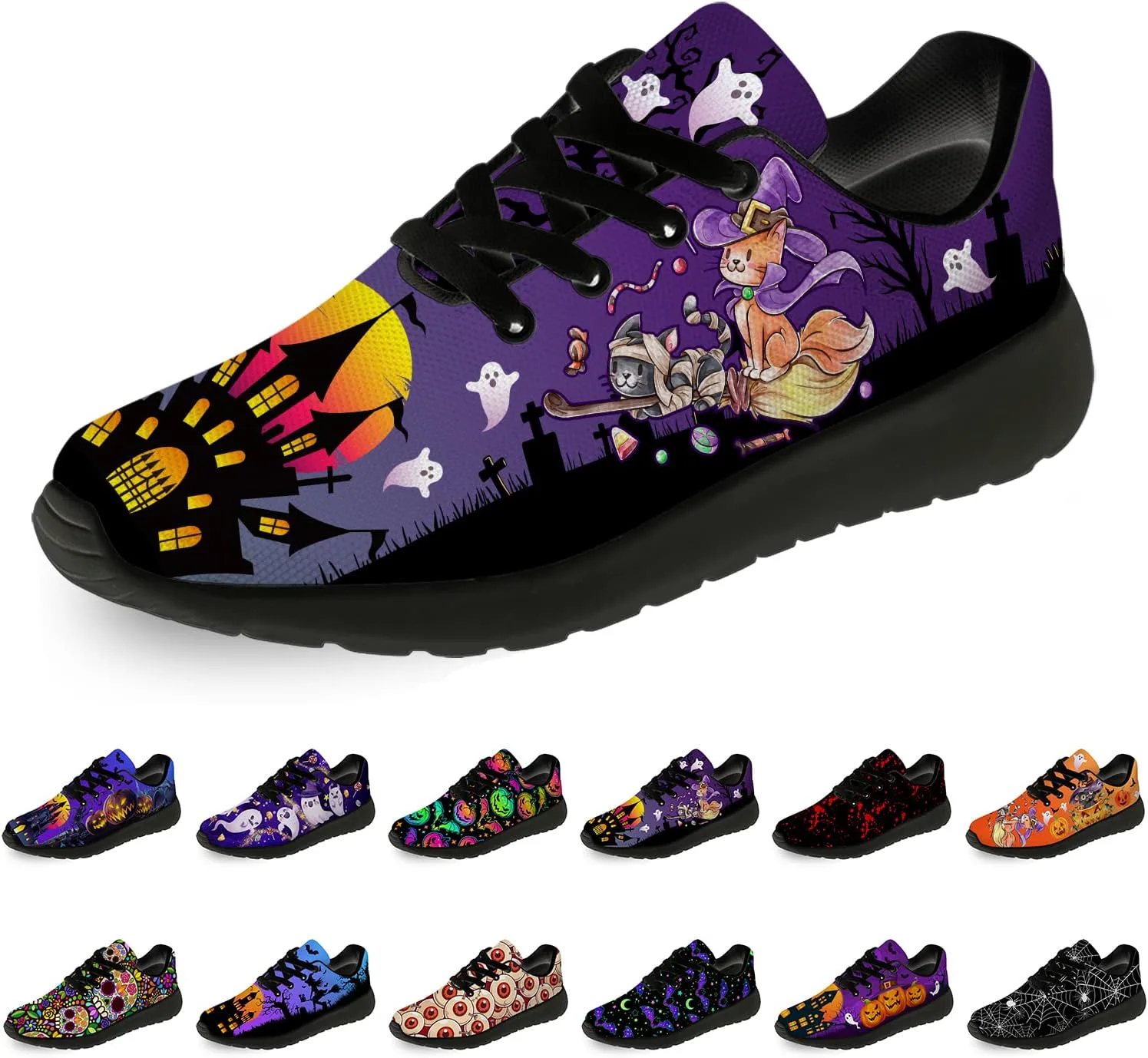 

Хэллоуинские кроссовки для женщин и мужчин, беговые, для прогулок и тенниса, с изображением тыквы, призрака и летучей мыши, подарки для мальчиков и девочек Horethy, фиолетовый