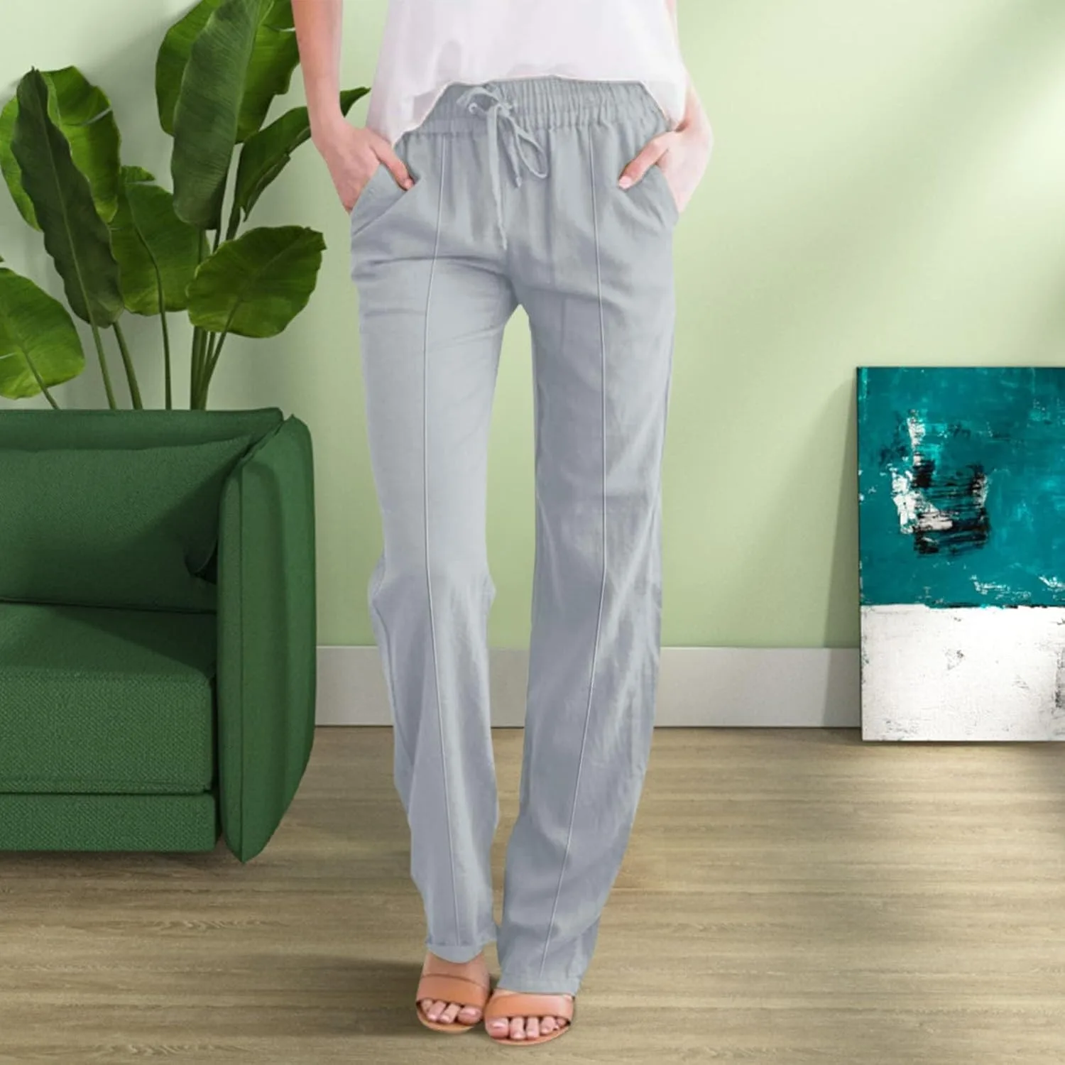 Льняные брюки женские летние Petite с кулиской капри Casual палаццо легкие рабочие брюки с карманами 2025 Generic, серый — фото 2