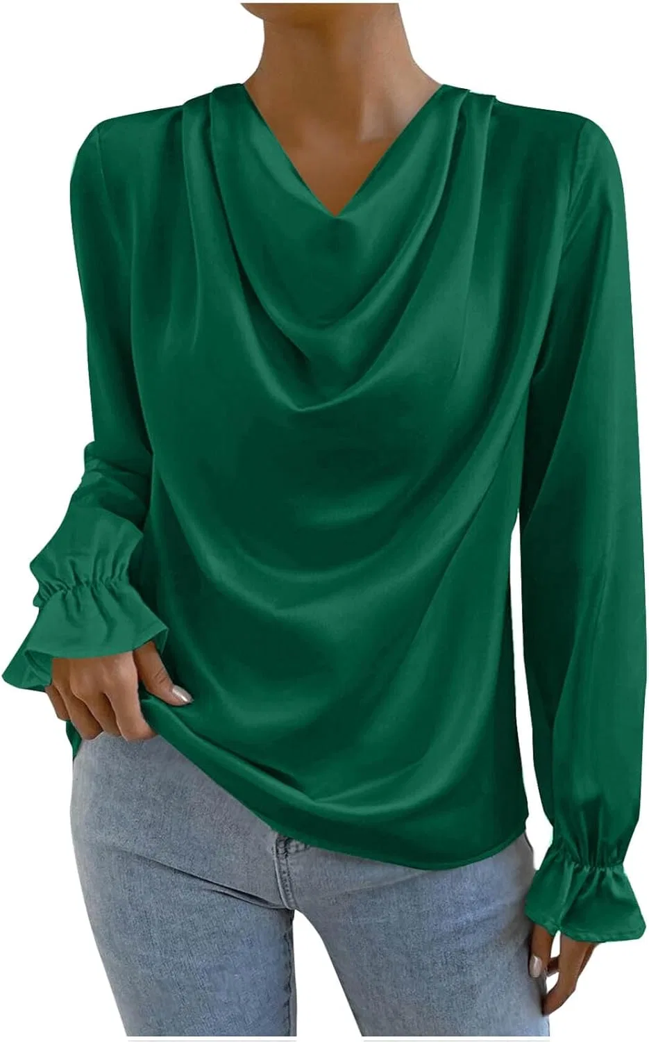 Generic Women's Tops Fashion Ruffles Long Sleeve Satin Shirts Ladies Loose Fit V Neck Soild Tees Tops with Smocked Cuffs, зеленый