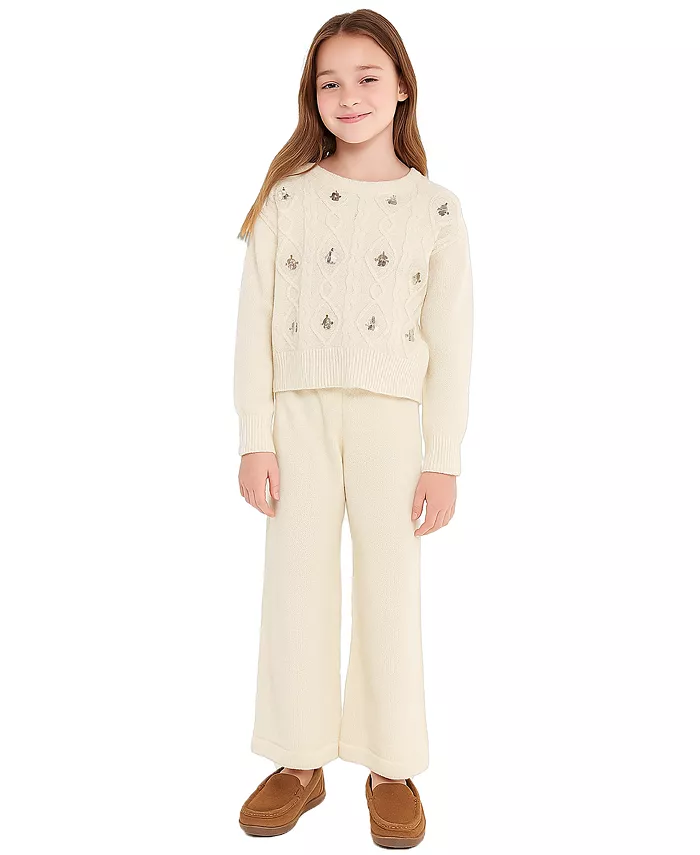 

Детский комплект для девочек 7-16 лет: свитер с пайетками и кабельной вязкой и брюки H By Habitual, слоновая кость/кремовый