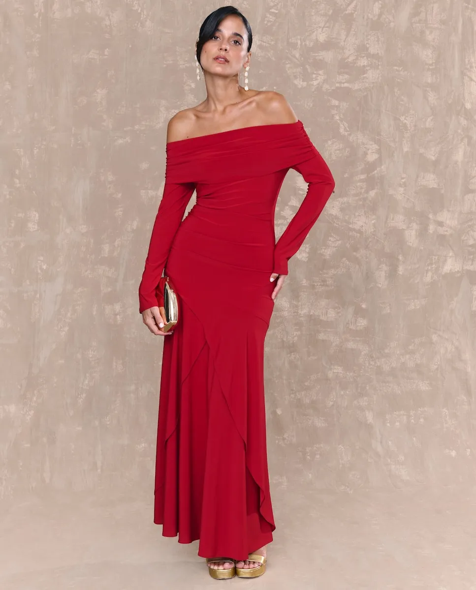

Длинное платье с вырезом лодочкой и асимметричной юбкой MIPHAI, красный