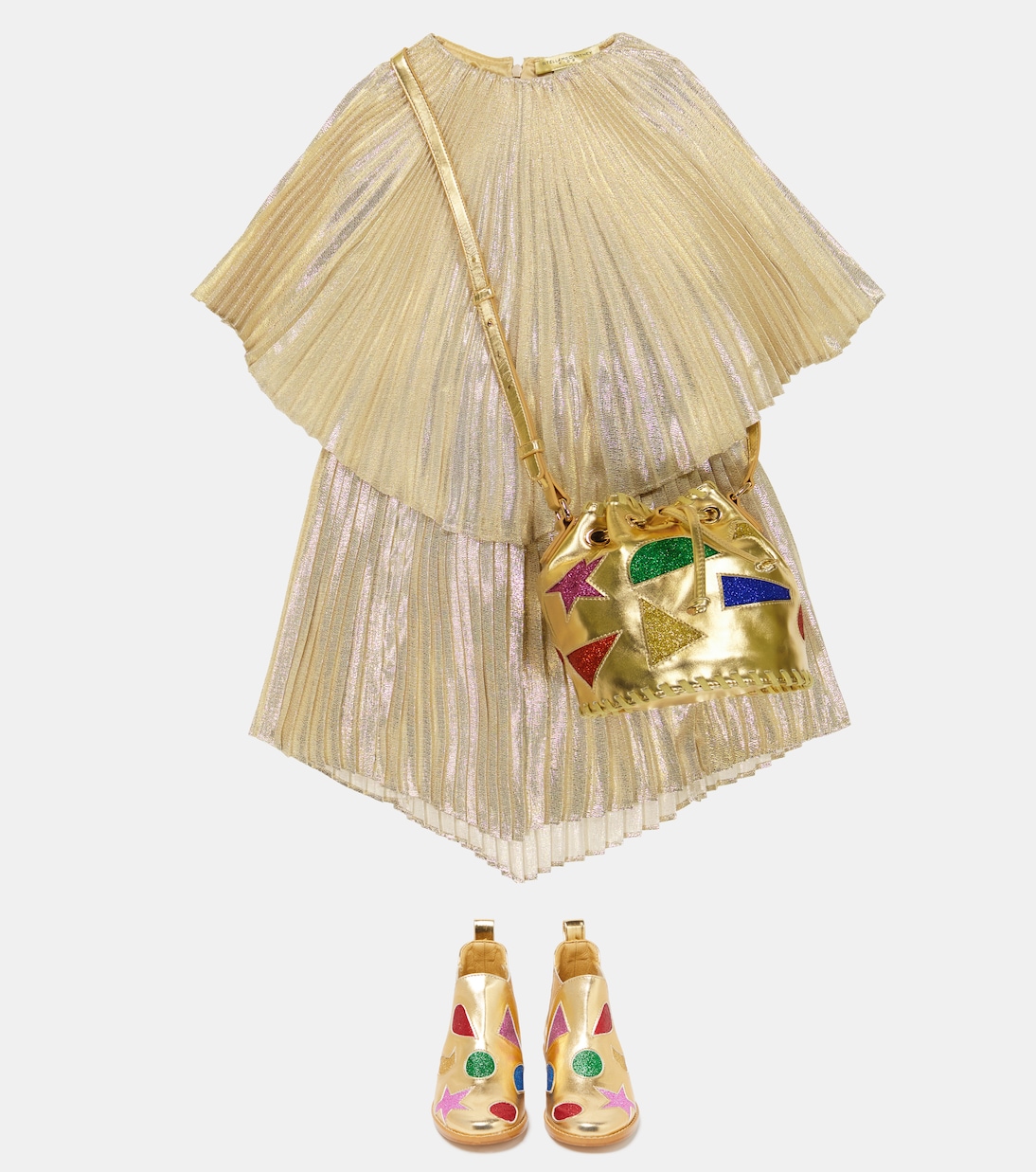 Мини-платье из плиссированного смесового шелка ламе Stella McCartney Kids, золотой — фото 2
