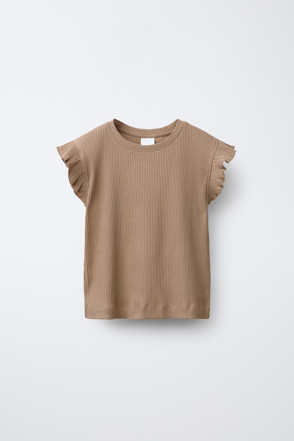 

Футболка в рубчик с оборками ZARA, цвет Dark camel