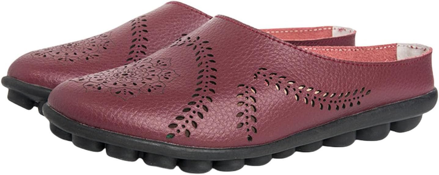 

Повседневные сандалии-тапочки с вырезами для женщин, удобные дышащие мюли, летние балетки, комфортные лоферы на плоской подошве, кожаные слипоны-лоферы Generic, красный