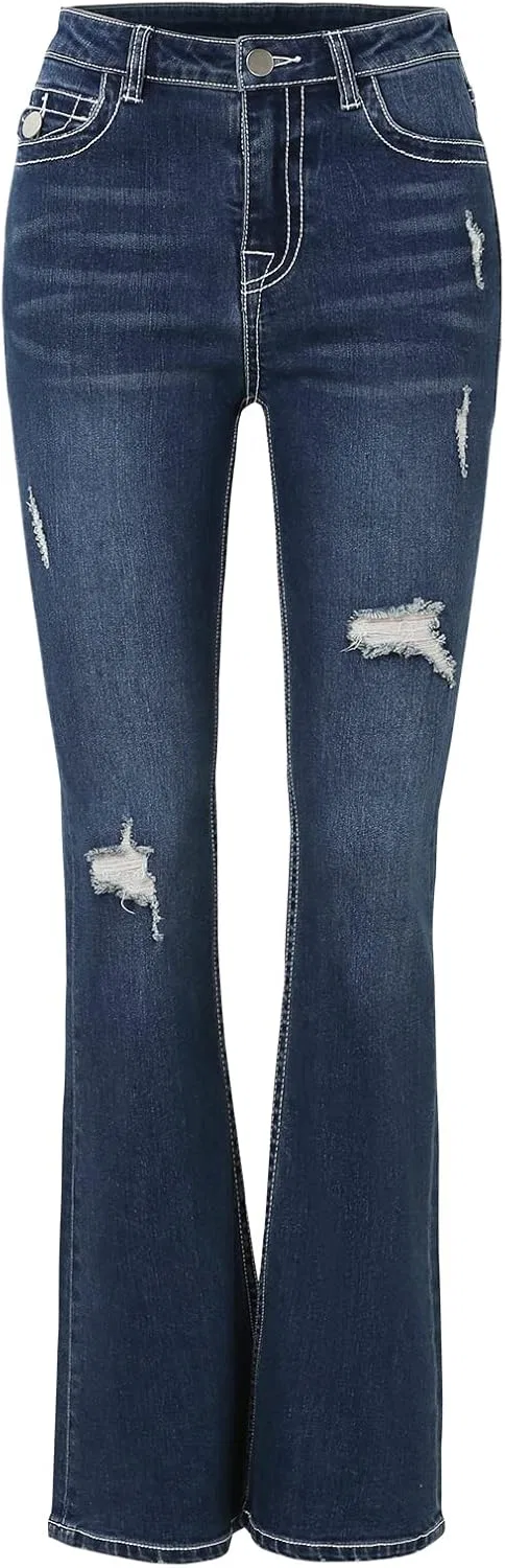 Женские джинсы Bell Bottom с высокой талией, расклешенные, в стиле bootcut, с потертостями, эластичные Generic, синий