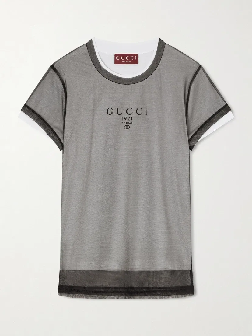 Футболка GUCCI Многослойная с принтом, из тюля и джерси, черный