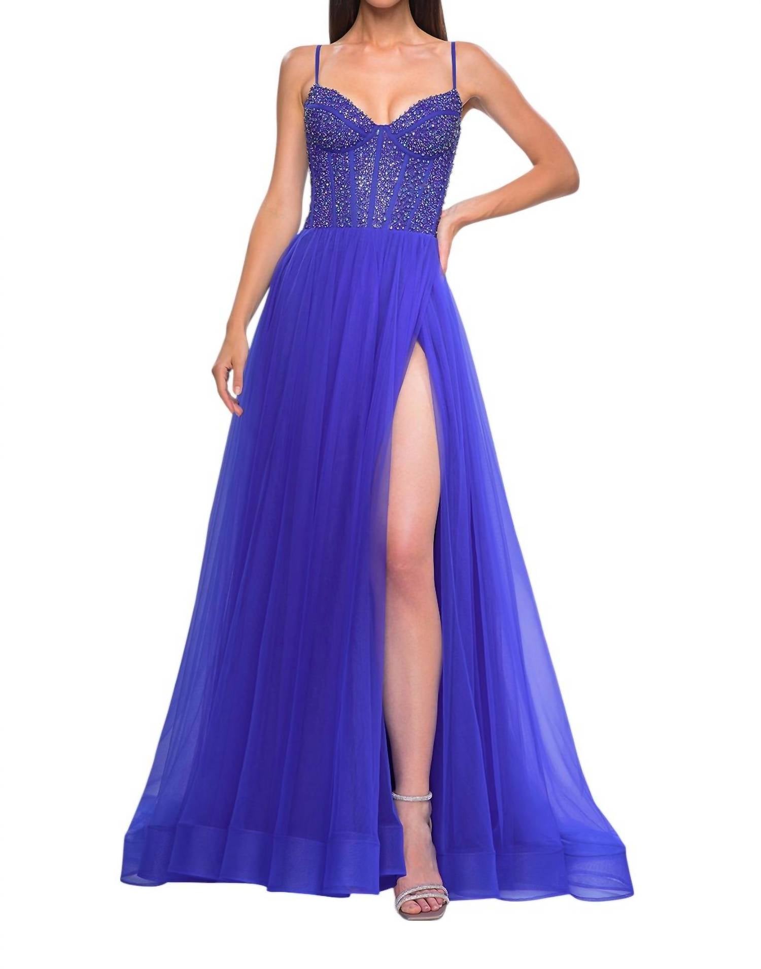 

Платье для выпускного вечера A-Line с камнями в королевском синем цвете La Femme
