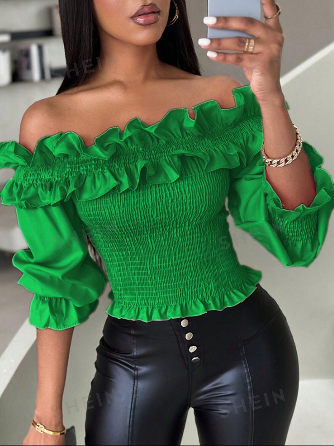 

Блузка Shein Privé с открытыми плечами и оборками, зеленый