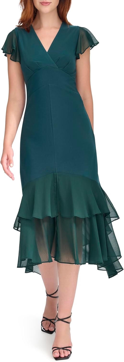 

Женское шифоновое платье Tommy Hilfiger Hi Lo с рукавами-крылышками, V-образным вырезом и оборками, Cypress