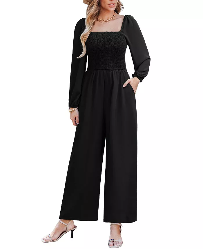 

Женский шикарный комбинезон со сборками на квадратном вырезе и широкими штанинами Cupshe, черный