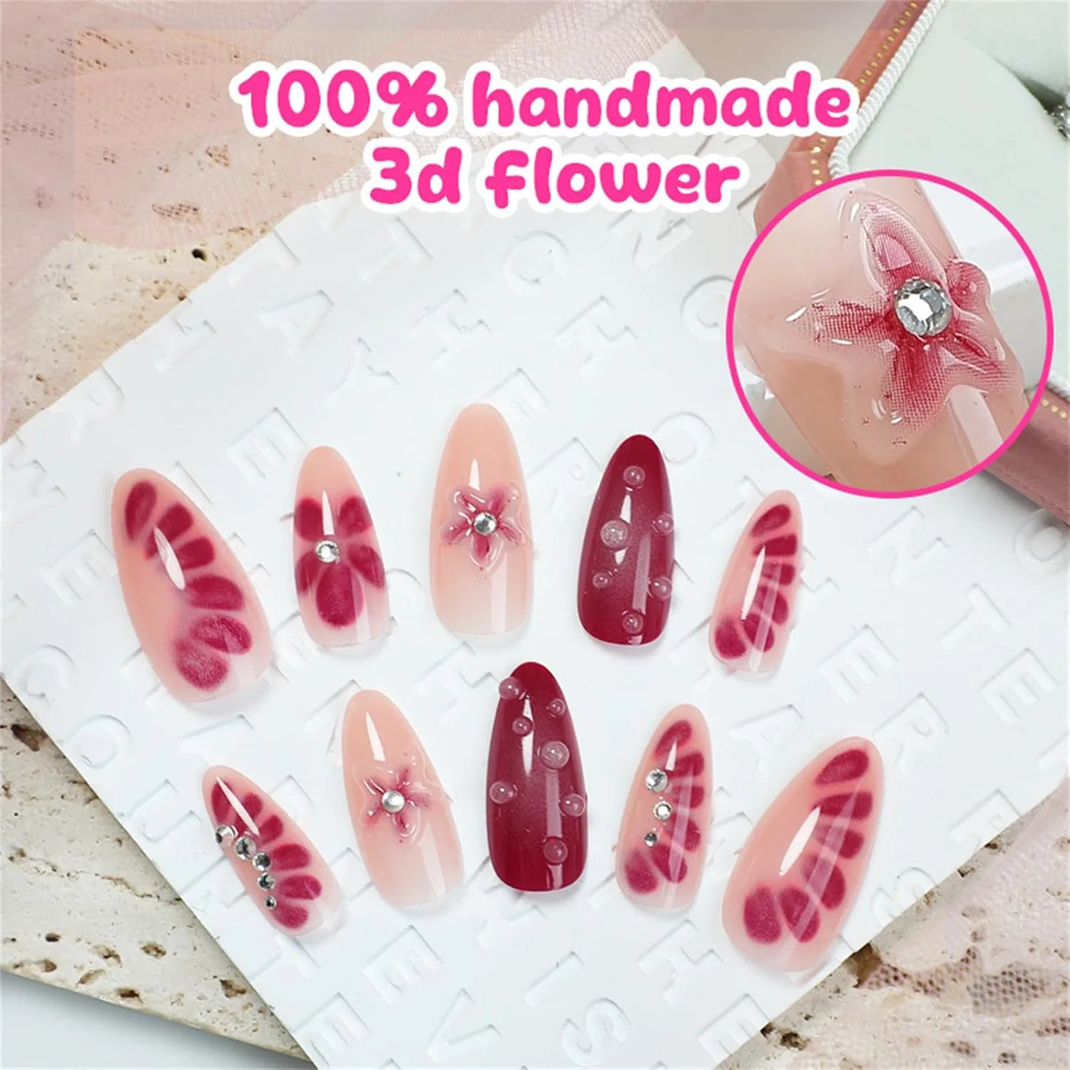 Накладные акриловые ногти миндалевидной формы со стразами и 3D-цветами, 24 шт. Npxuamtj — фото 2