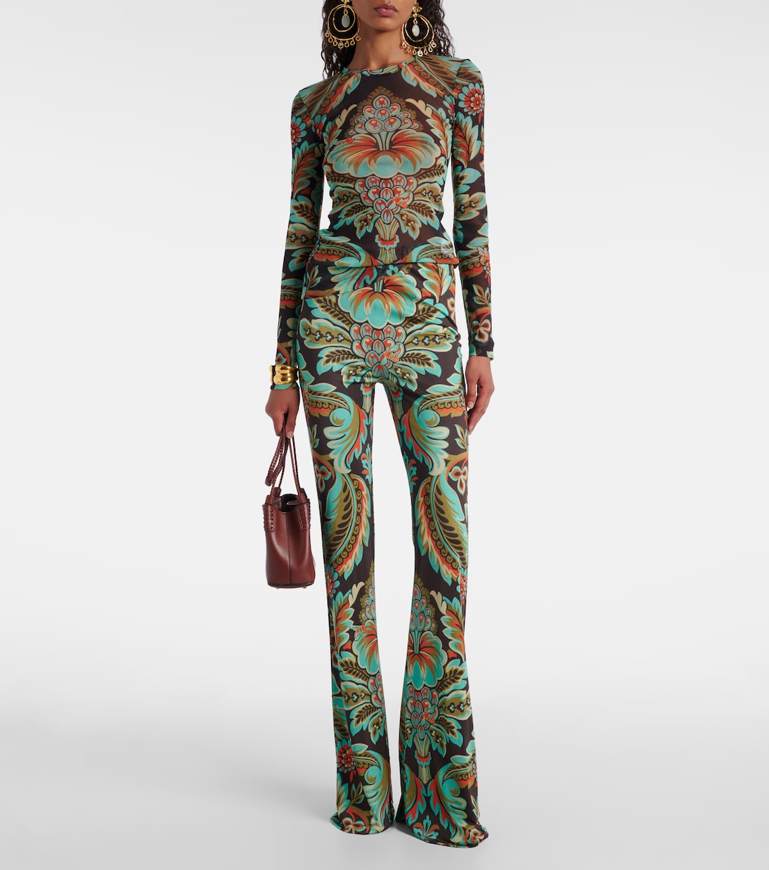 Брюки-клеш из печатного крепового джерси Etro, Print On Black Base — фото 2