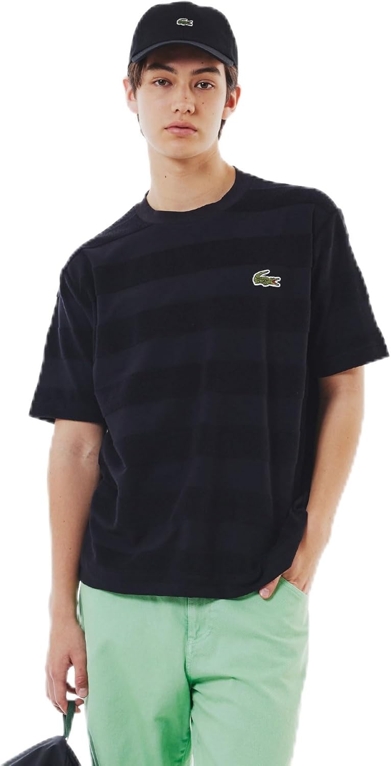 

Футболка мужская из ткани с рисунком плитка и полосками того же цвета Lacoste, черный