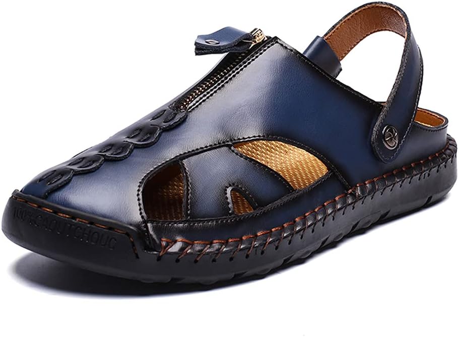 

Мужские пляжные водные сандалии UIKGITP с ручной строчкой и молнией, кожаные удобные многофункциональные шлепанцы, синий