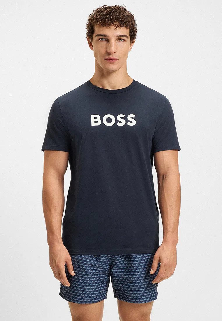 Футболка с логотипом, хлопковый джерси, BOSS Mainline, темно-синий