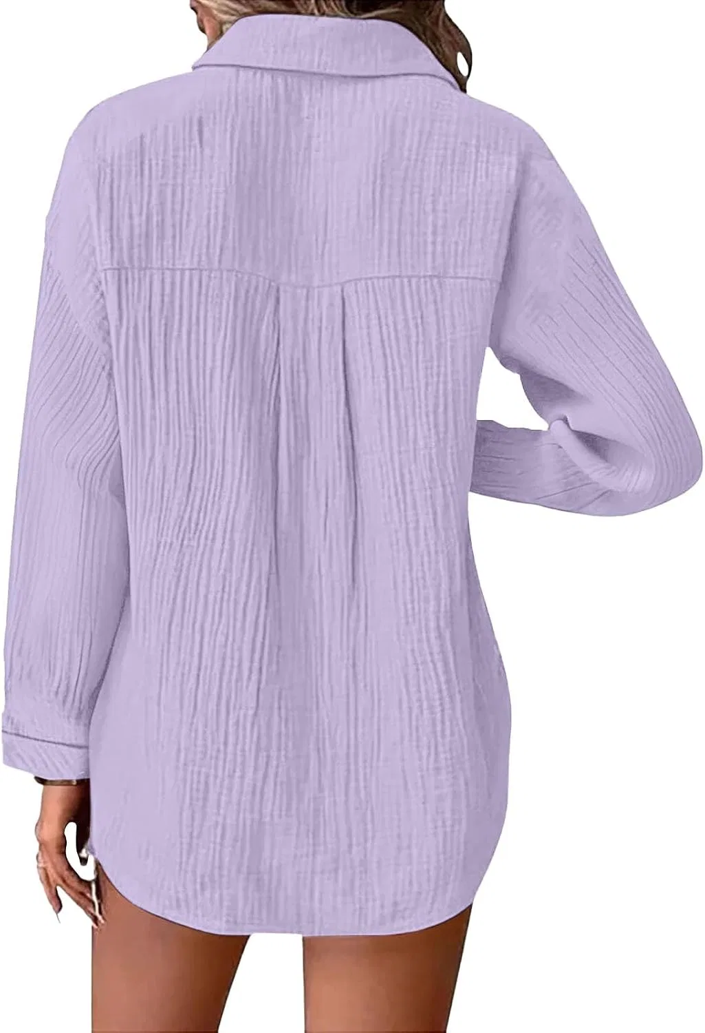 Блуза женская, льняная, плиссированная, с поясом, свободная, Casual, Light Violet — фото 2