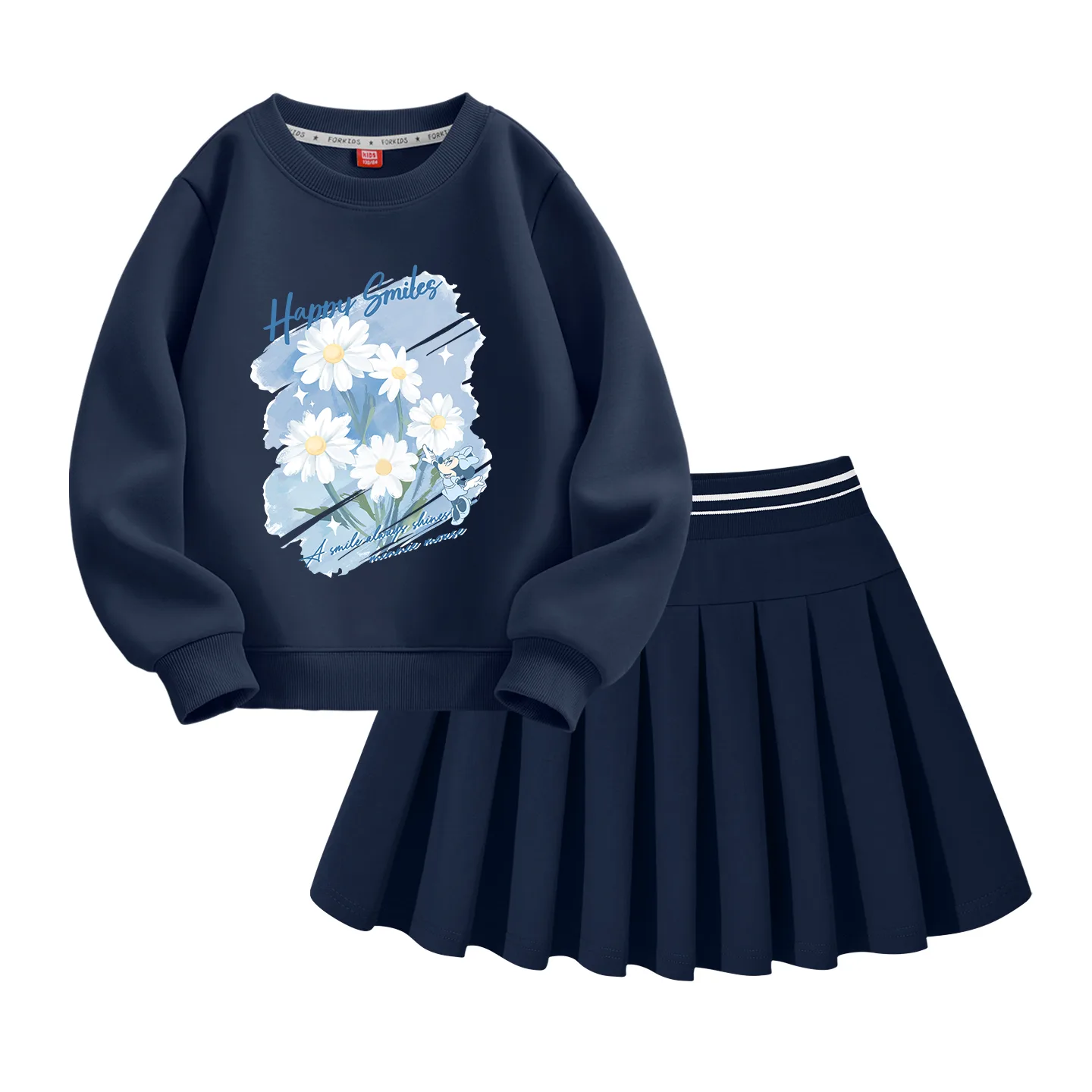 Детский комплект из юбки и футболки с коротким рукавом Disney, Di Dan Yan Flower Navy Blue+Solid Color Deep Sea Blue — фото 4