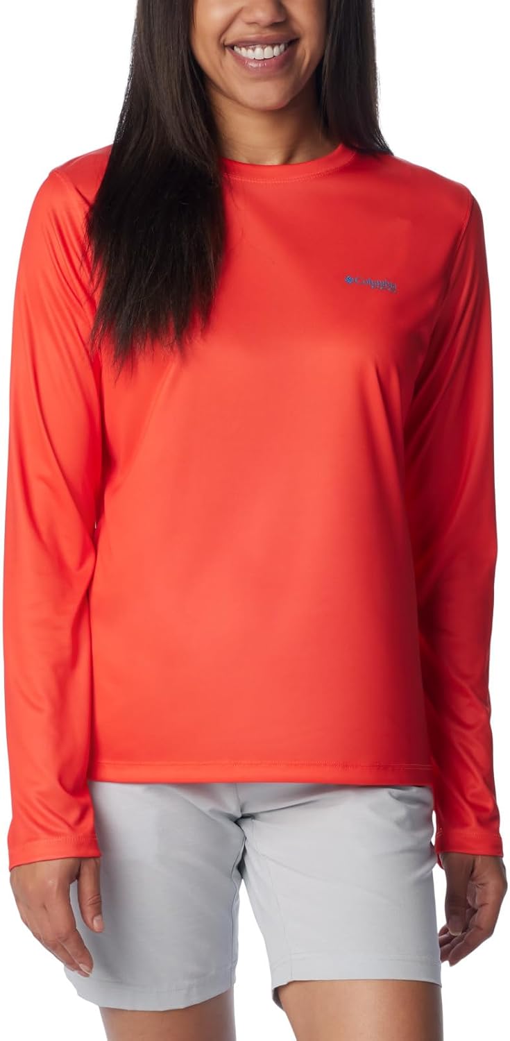 

Женская футболка Columbia Tidal Tee PFG Fish Flag LsTidal Tee PFG Fish Flag с длинным рукавом, Bright Poppy/Fish And Friends Flag