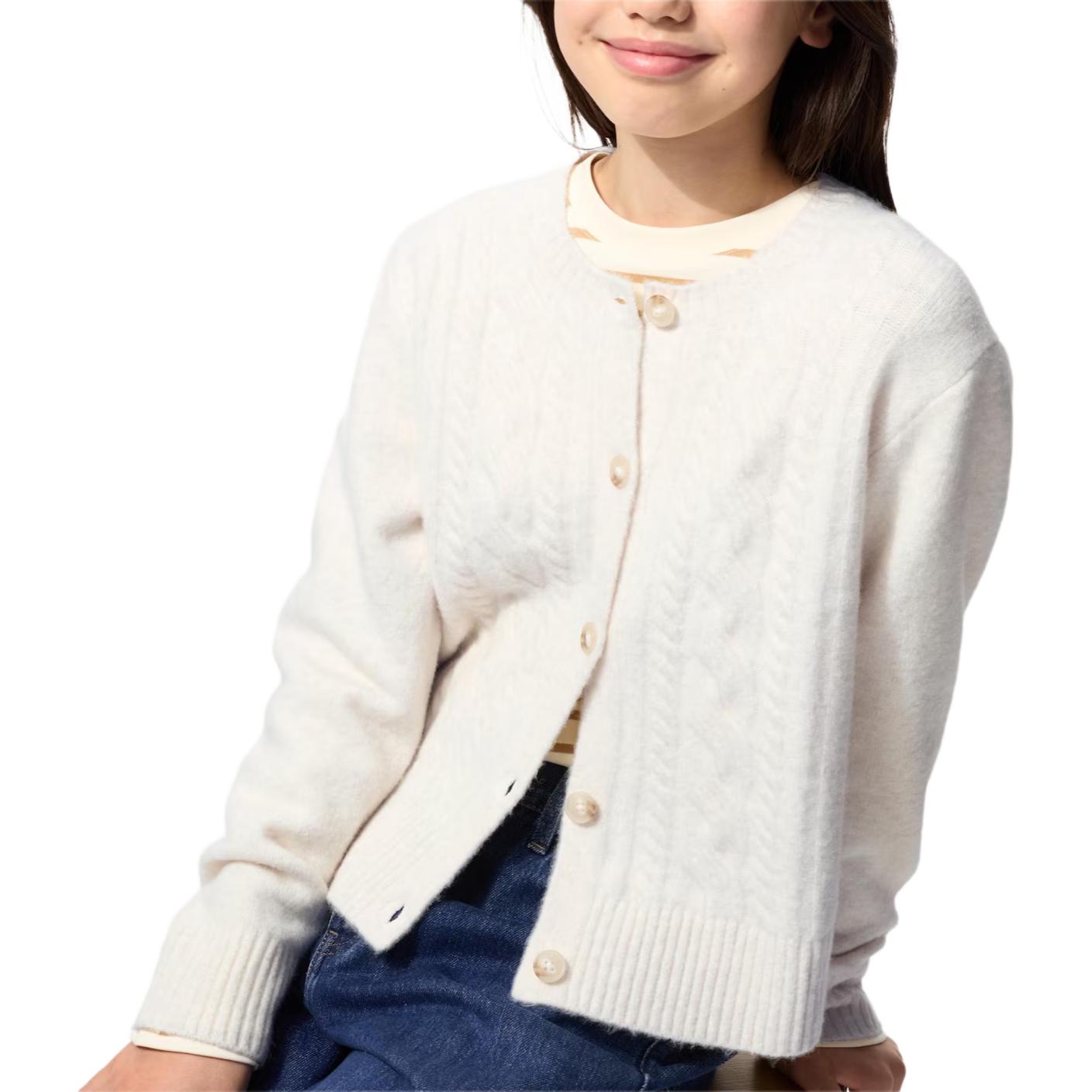 

Однотонный свитер с воротником-стойкой, ребристая вязка, однобортный, с длинными рукавами, детский UNIQLO, Ecru