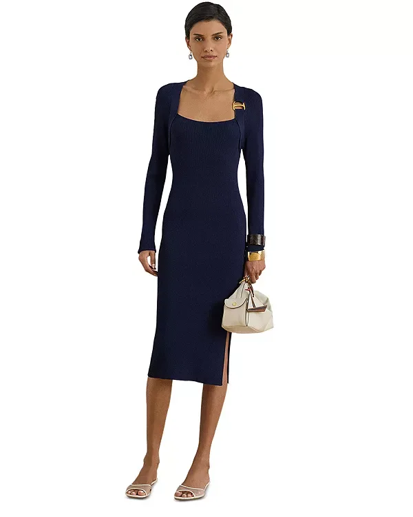 Платье-Свитер в рубчик с отделкой пряжками Ralph Lauren, Navy