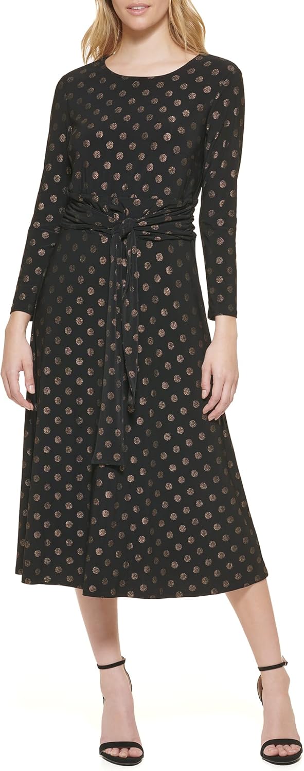 

Женское платье-миди Tommy Hilfiger с длинными рукавами, V-образным вырезом, поясом и плиссированной юбкой А-силуэта, Blk/Gold