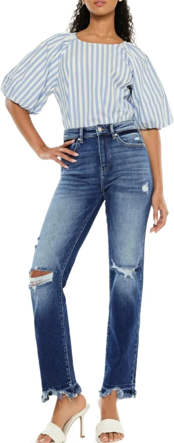 

Женские джинсы Casual High-Waisted Ripped Straight Denim Pants Dark Wash Regular Fit Zip Yanhoo