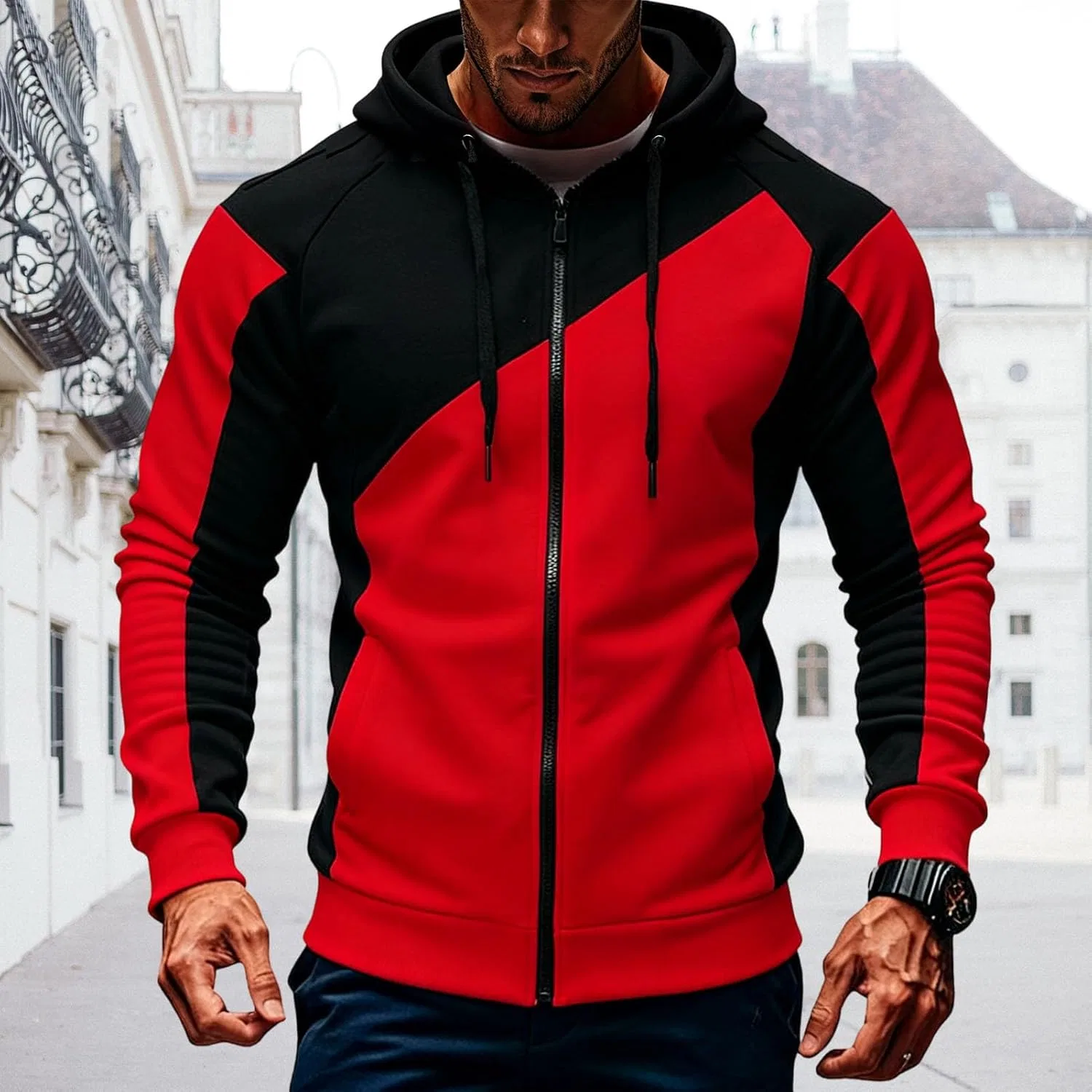 Мужская худи молния, контрастный цвет, Slim Fit, Polyester, Красный — фото 3
