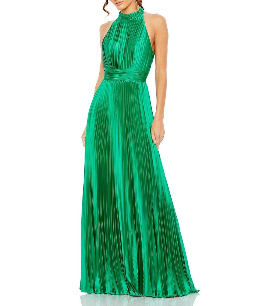 

Mac Duggal Атласное плиссированное платье трапециевидной формы без рукавов с бретелькой на шее, зеленый