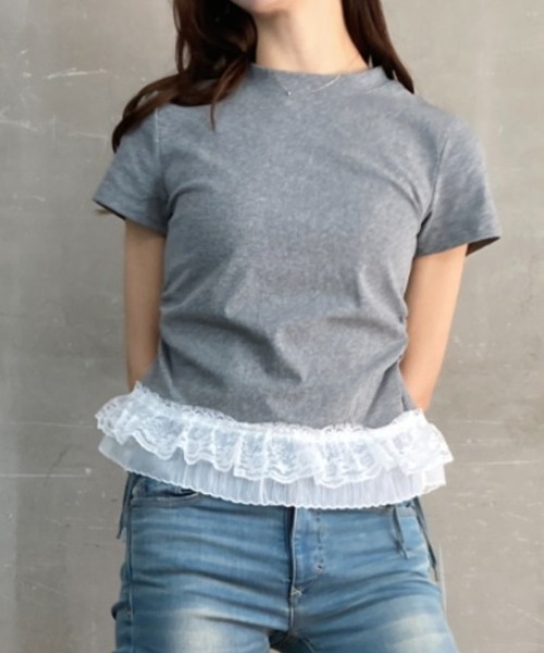 

Ｔｏｌｅｎｅ Футболка с короткими рукавами, отделанная кружевом по низу, с присборенными боками, TOLENE