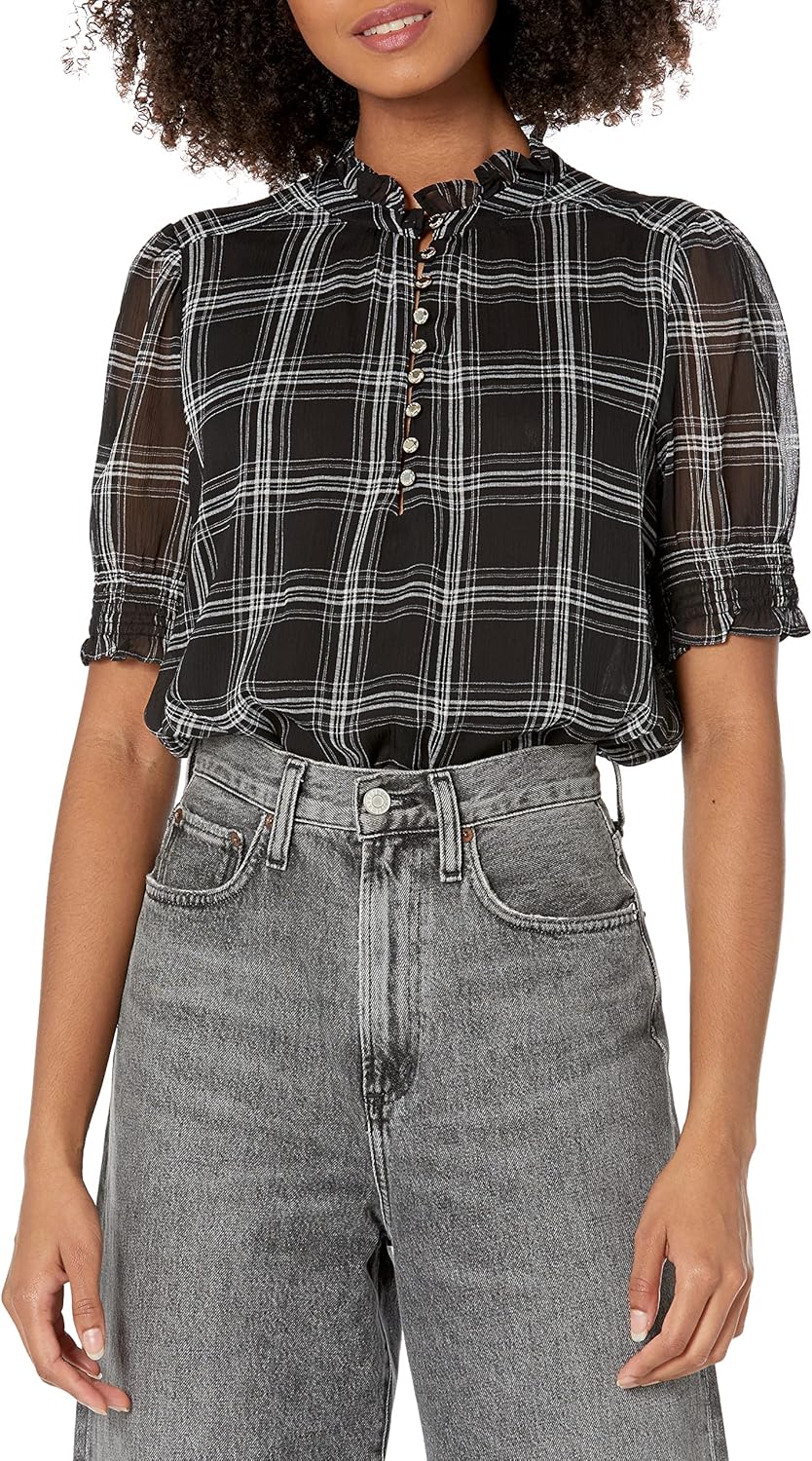 

Женский топ Tommy Hilfiger с рукавами-фонариками и жоржетом в клетку, Black/Whitecap