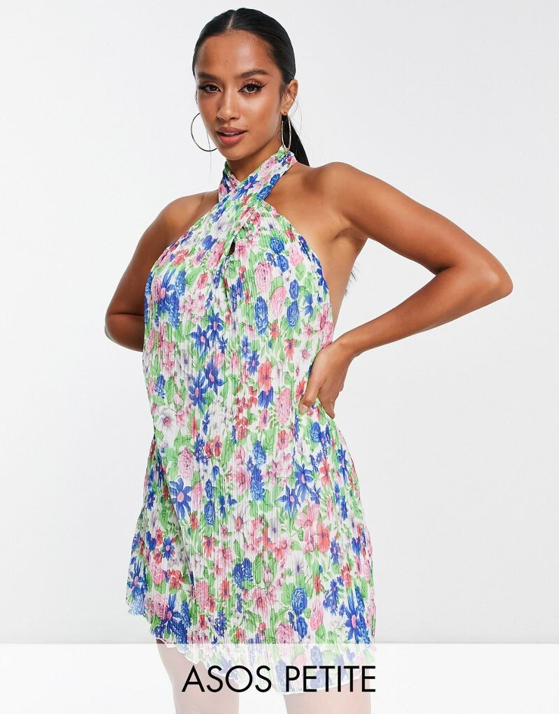 

Плиссированное мини-платье с короткими рукавами ASOS DESIGN Petite с ярким цветочным принтом
