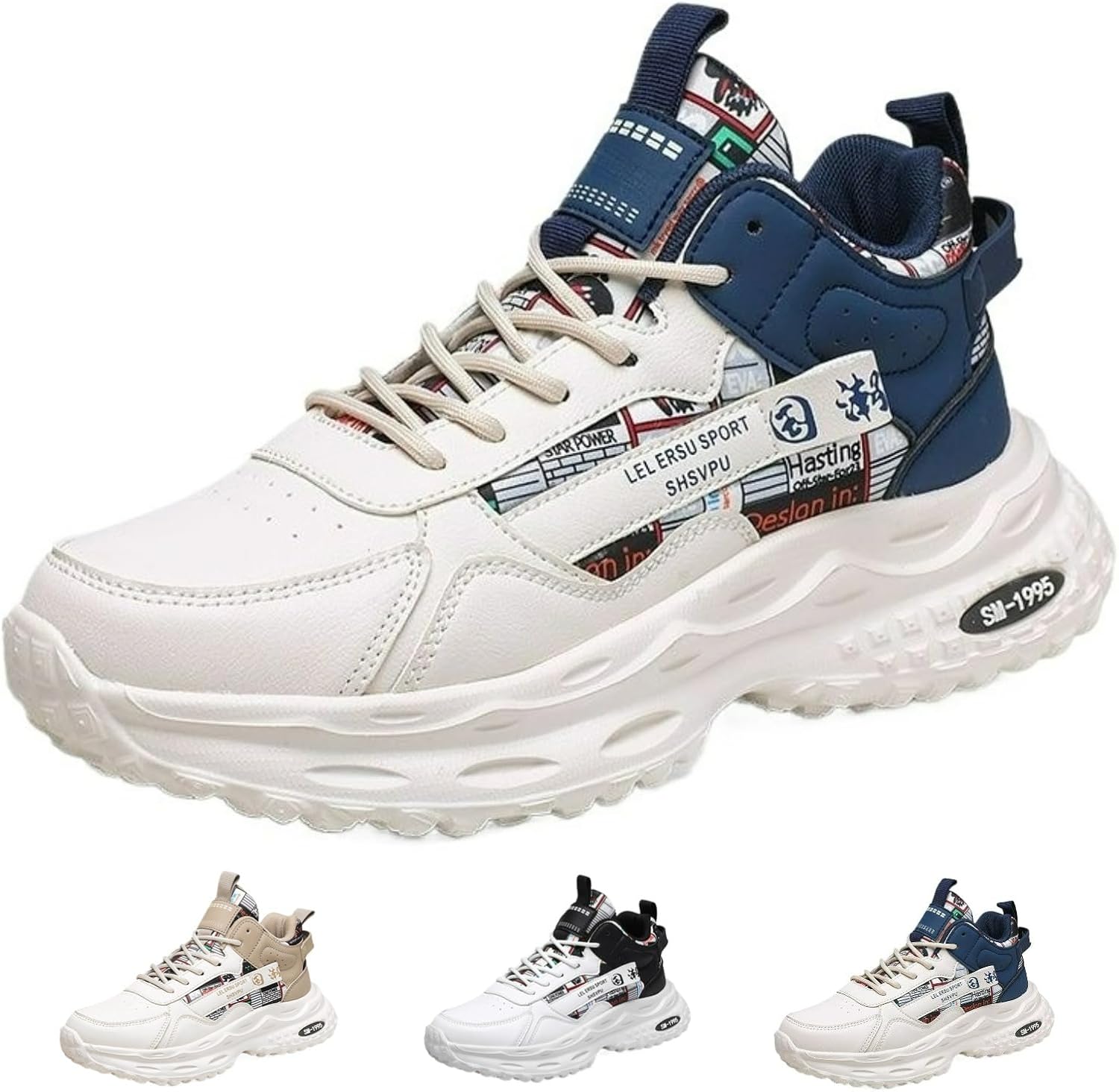 

Высокие массивные кроссовки для мужчин, нескользящие, удобные, модные, повседневные, для бега, спортивные, уличные, для ходьбы Macefil, синий/бежевый