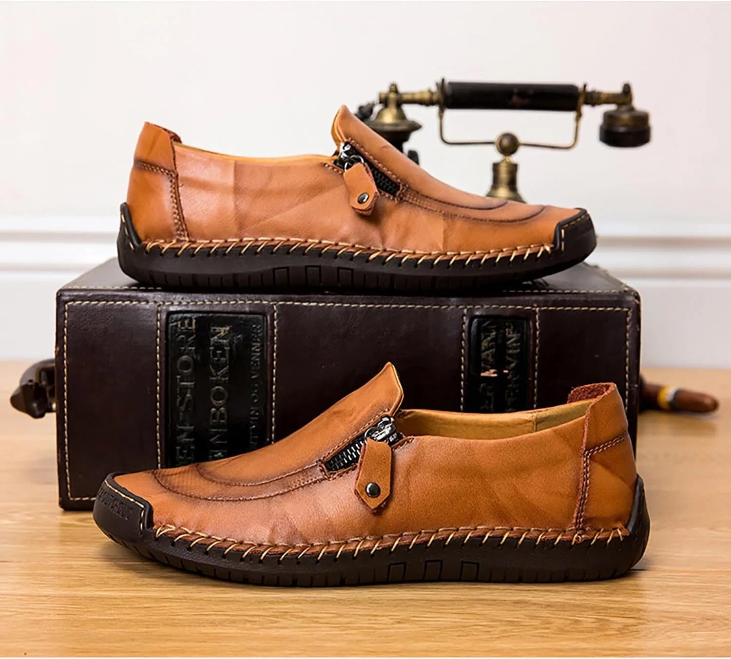 Мокасины кожаные Loafers для мужчин, желто-коричневые DAO-UPPSE — фото 4