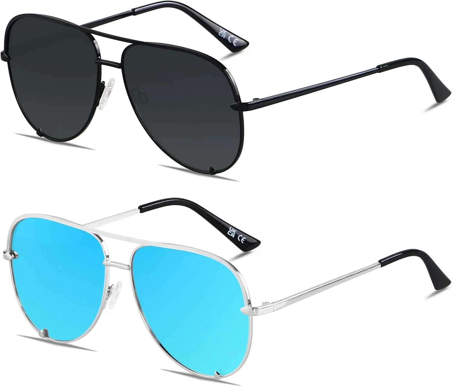 

Солнцезащитные очки-авиаторы ANDWOOD большого размера для женщин и мужчин, с защитой от УФ-излучения, модные солнцезащитные очки, (2pack) Black + Mirror Ice Blue