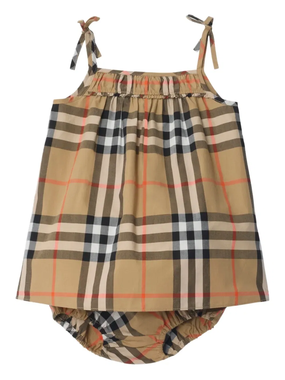 Хлопковое платье в клетку со сборками Burberry Kids, нейтральный