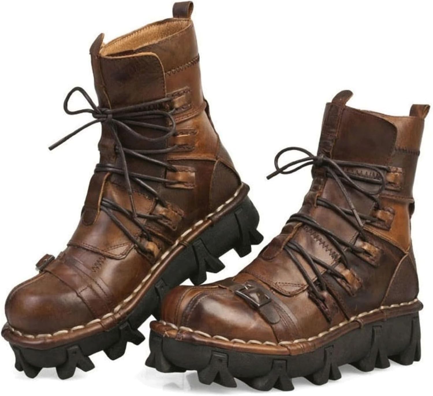 

Мужские водонепроницаемые кожаные байкерские ботинки, с толстой подошвой, пряжками, для верховой езды, готические черепа, панк, ковбойские ботинки до середины голени Raspio, коричневый