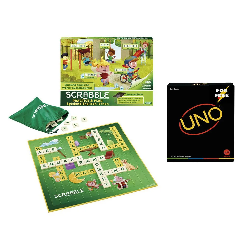 

Детская настольная игра Mattel Games Scrabble Practice & Play Board + UNO Minimalist Free Board, мультиколор
