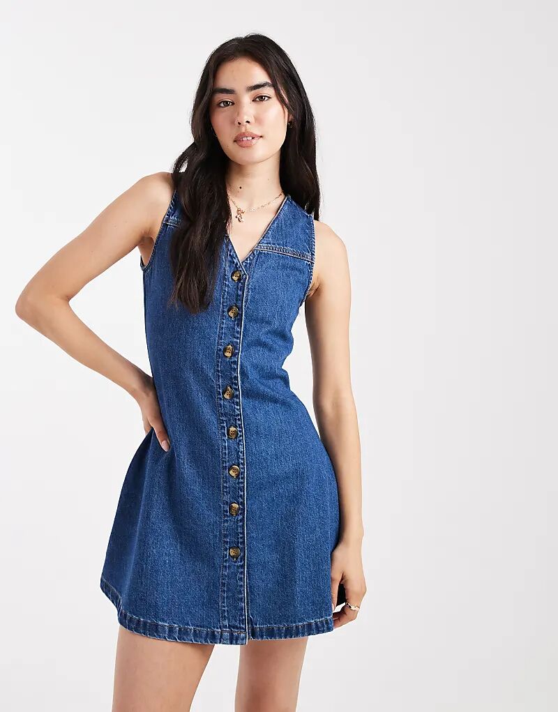 

Джинсовое мини-платье без рукавов ASOS DESIGN, облегающее и расклешенное, средне-синего цвета