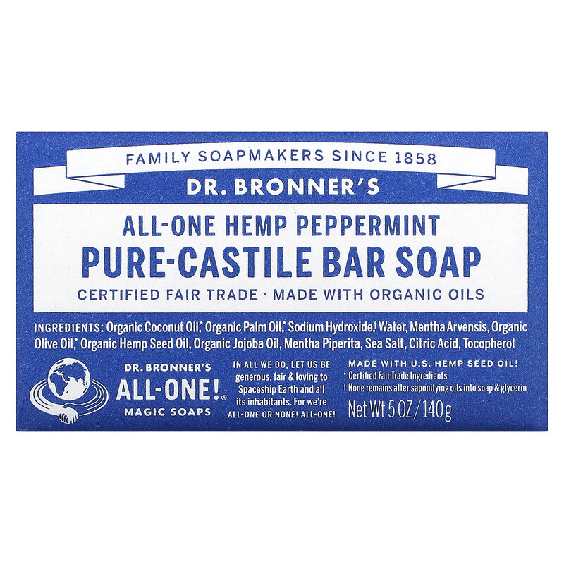 

Dr. Bronner's, Pure Castile Bar Soap, All-One, конопля, перечная мята, 140 г (5 унций)