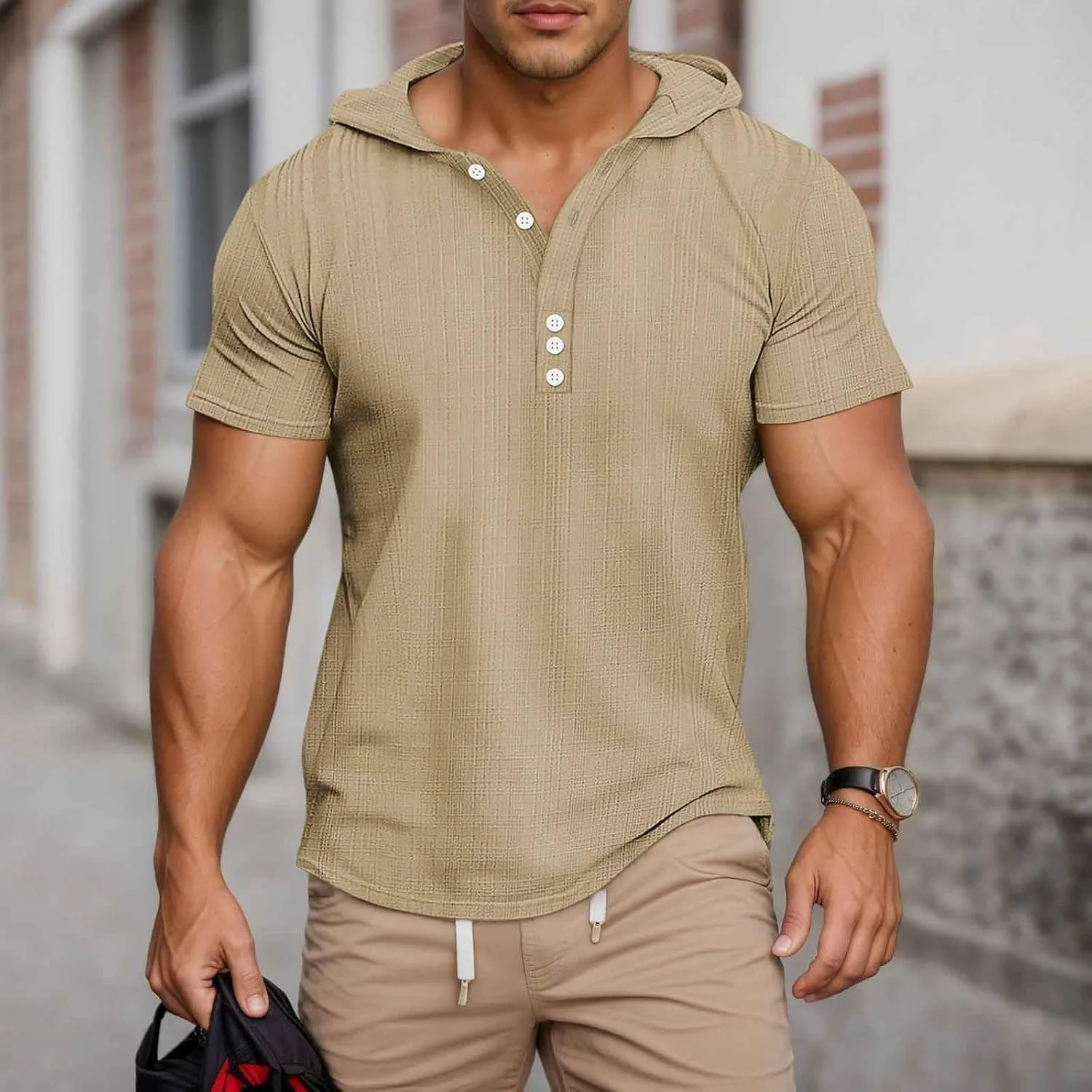 Мужская футболка Casual Loose-Fit с коротким рукавом и дизайном на пуговицах для повседневной носки — фото 3