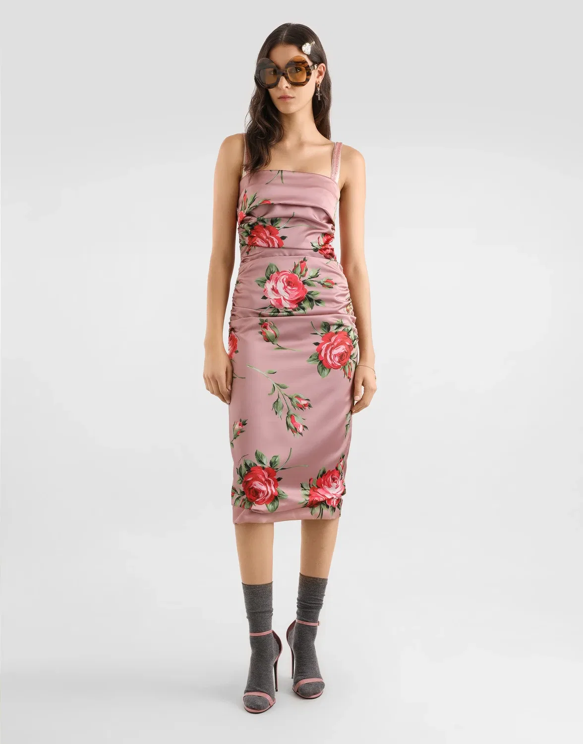 Атласное платье с принтом "букет роз" DOLCE & GABBANA, белый — фото 2