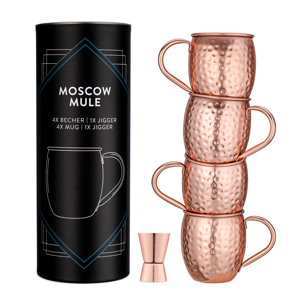 

Набор Navaris Moscow Mule из 5 предметов - 4 медных чашки и 1 мерный стакан для пива Moscow Mule Gin - мерная кружка для коктейля - кованая чашка, бронза