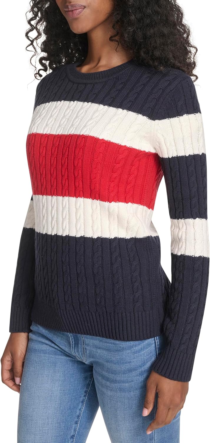 Женский хлопковый свитер Tommy Hilfiger с круглым вырезом и косами, Sky Captain Multi Colorblock — фото 3