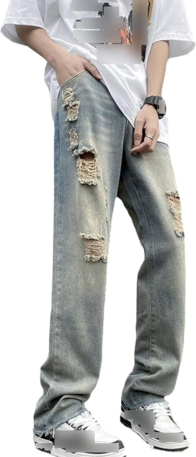 Джинсы свободные, рваные, Men's, синие