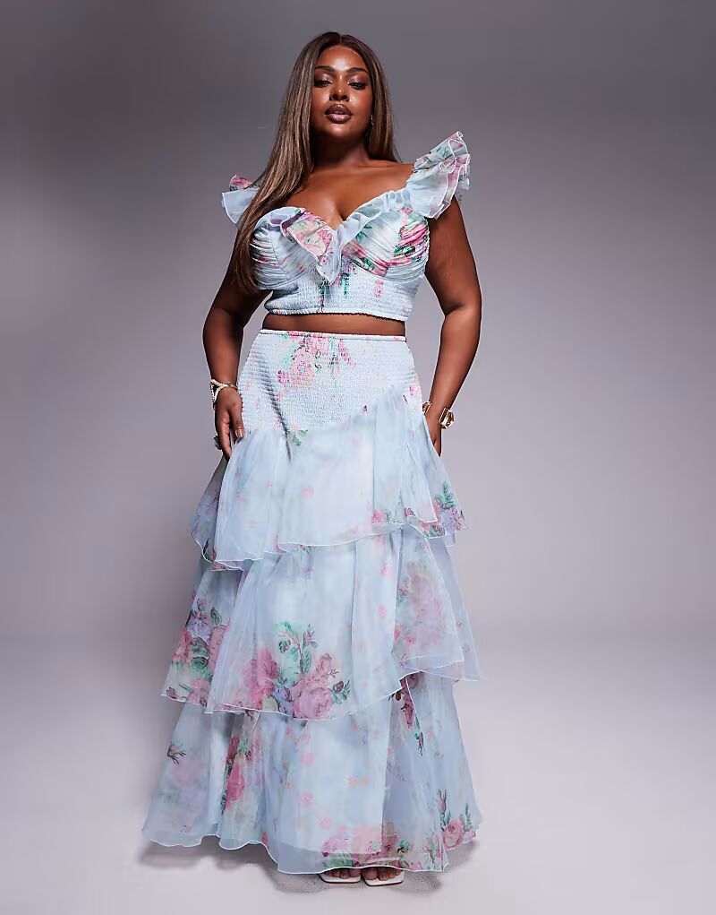 

Юбка макси из шифона Curve с присборенным верхом и синим цветочным принтом Asos Luxe
