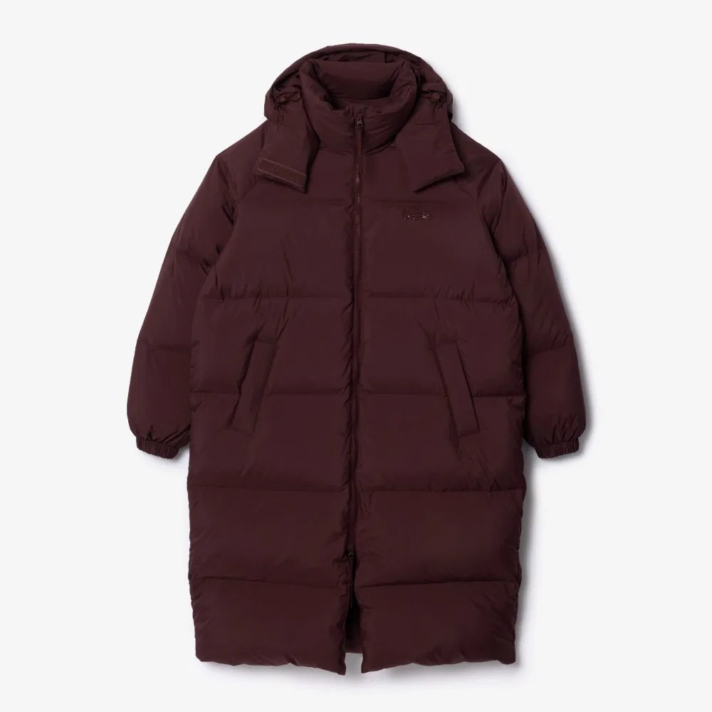 Пуховик Lacoste с капюшоном, длинный, коричневый