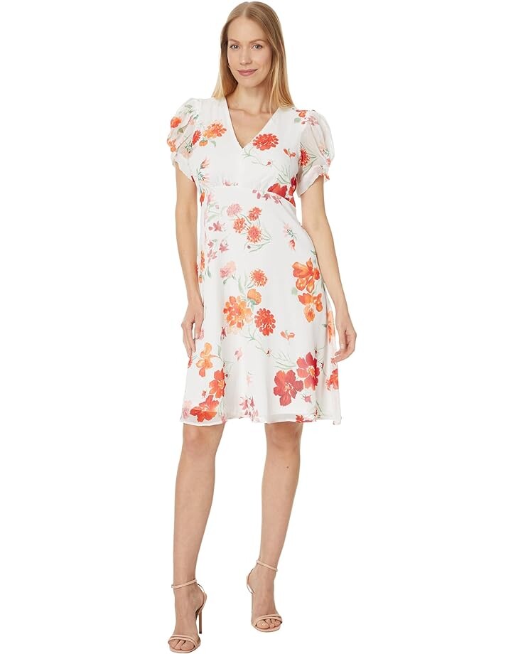 

Платье Calvin Klein Short Chiffon with Puff Sleeve, цвет Fire Multi